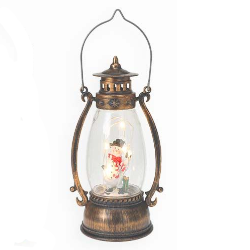 Lantern warm white Led, 7.4x6x14cm, Snowman with Top Hat & Present