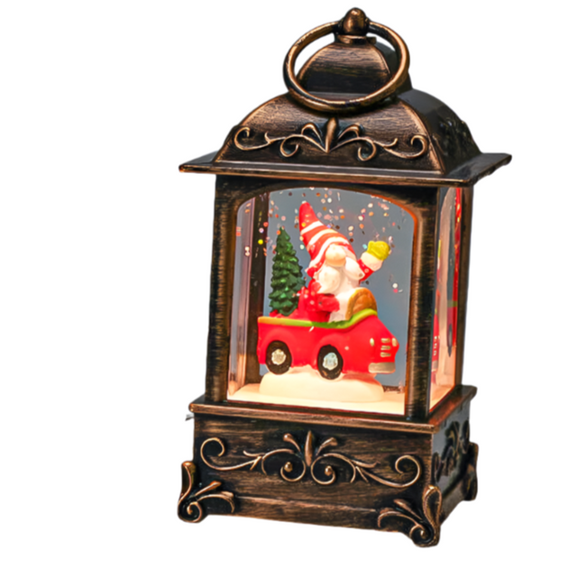 Lantern plastic 7.5x7.5x13.5cm warm white LED - Gnome in Car
