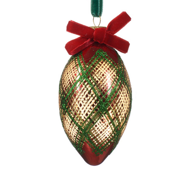 Bauble With Tartan Design 8cm - Teardrop