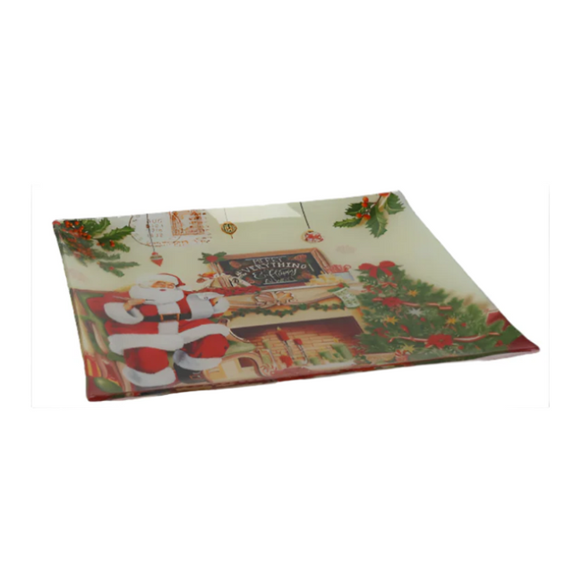 Square Glass Plate - Santa By Fire Place 25Cm