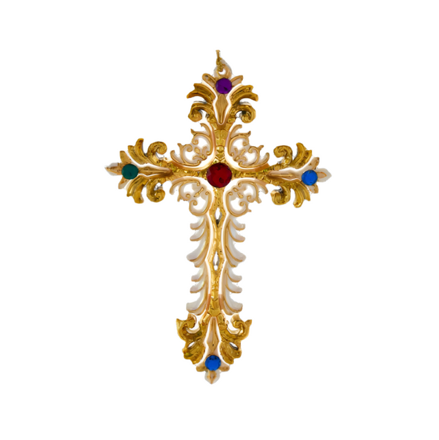 Plastic Gold & White Cross With Gems On Top Hanging Ornament 15.75Cm
