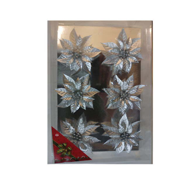 Plastic Flower With Clip 9Cm Set Of 6 - Silver