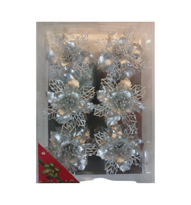 Plastic Flower On Clip 9Cm Set Of 6 - Silver With Lace Effect