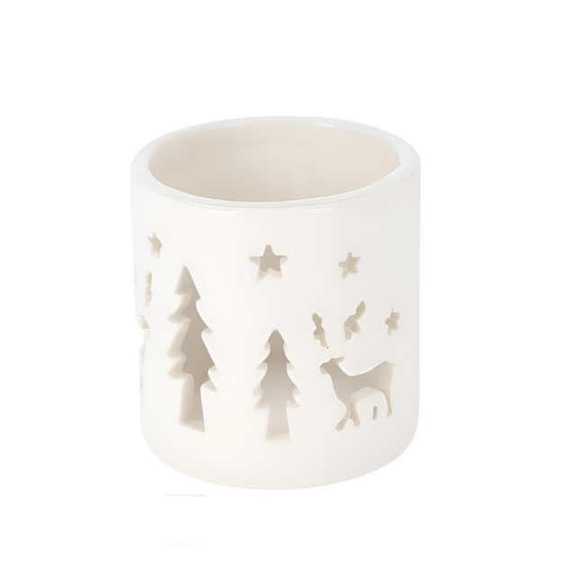 Tealight holder with cut outs, 6x6x6cm, White - Trees with Reindeers and Stars