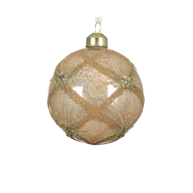 Bauble glass 10cm pearl with gold cross lines 10cm