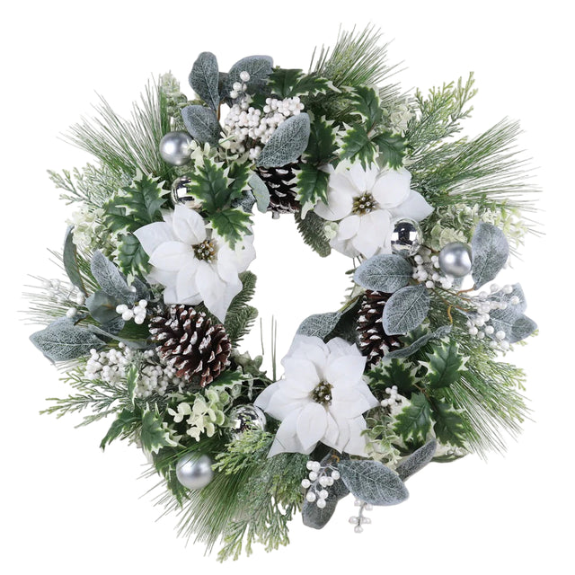 White and silver poinsettia wreath 66cm