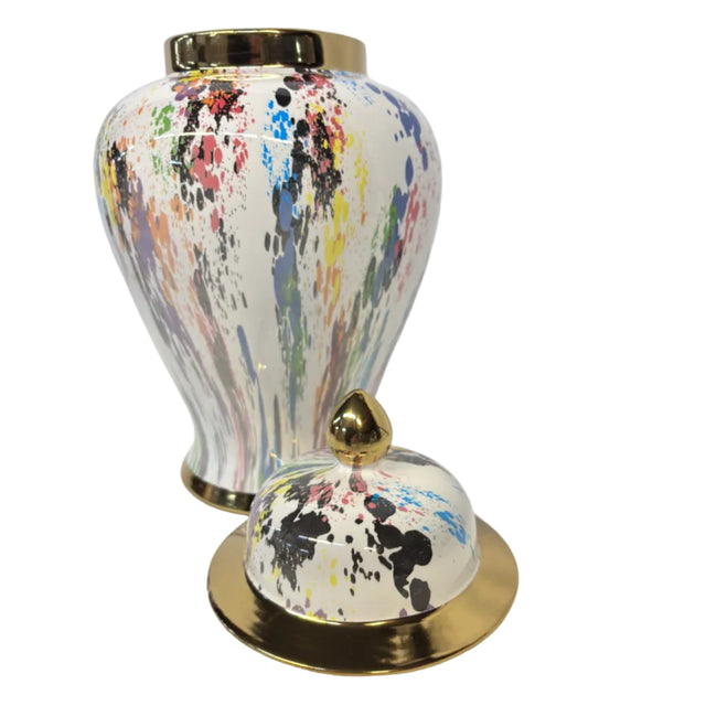 Ginger jar white white with paint splatter design 22x40cm