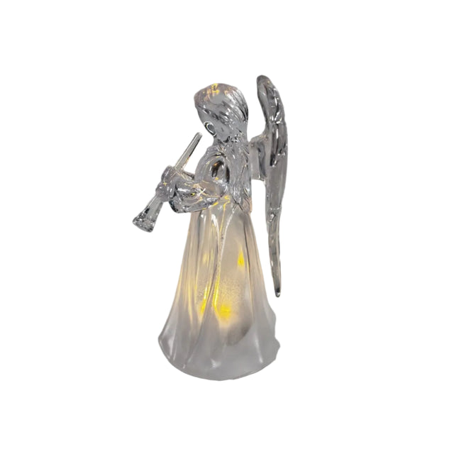 Angel, acrylic, warm white LED 6x5.5x11cm with trumpet - clear wings
