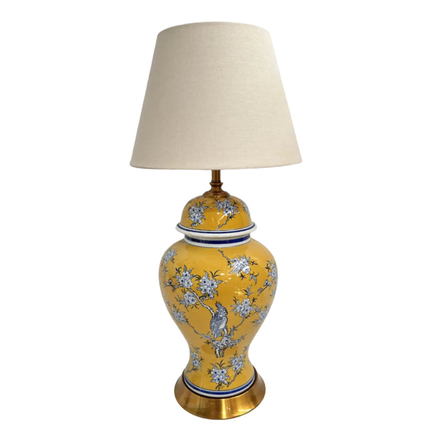 Yellow Ginger Jar Lamp - Blue Floral And Bird Pattern 27x27x51cm