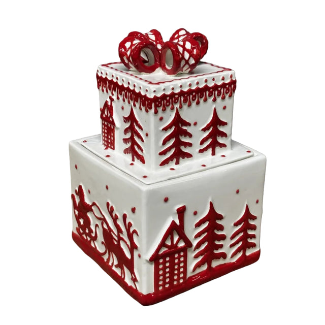 Square cookie jar 14x23cm white with red trees