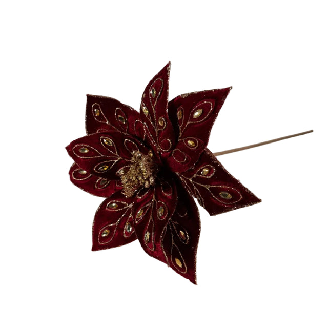 Burgundy velvet poinsettia with diamonds stem 60cm