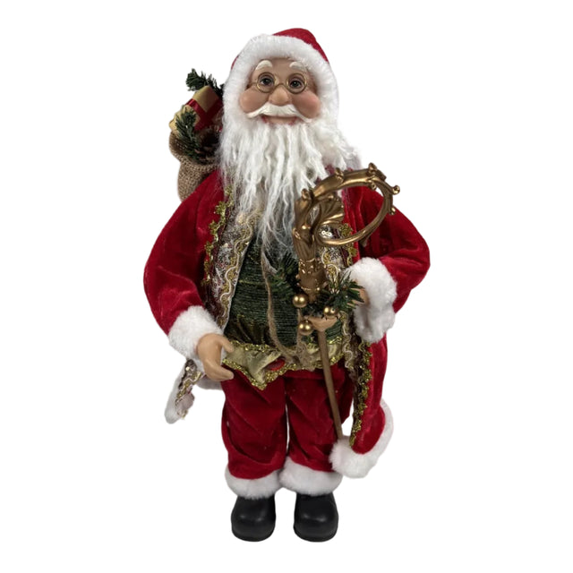 Red And Gold Santa With Green Shirt And Staff 45Cm