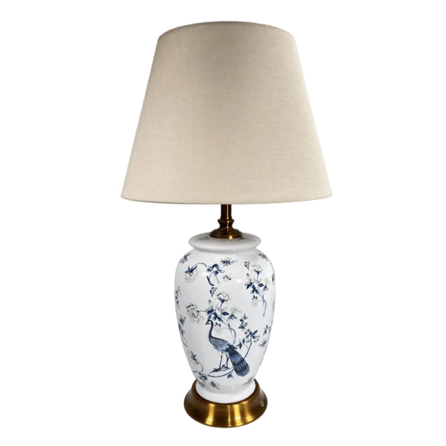 White Ceramic Lamp With Peacock 20x49cm