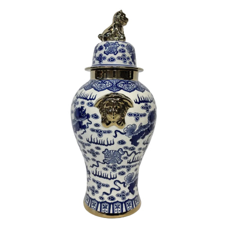 Ginger jar blue & white with gold lion 30x62cm