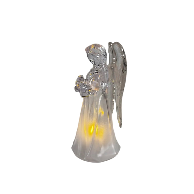 Angel, acrylic, warm white LED 6x5.5x11cm with heart - clear wings