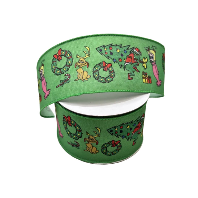 Grinch ribbon 9.1m, 6.3cm - Grinch stealing xmas tree
