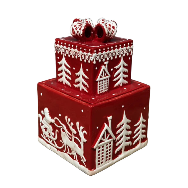 Square cookie jar 14x23cm red with white trees
