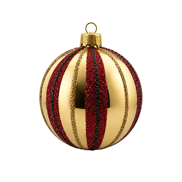 Xmas Ball Glass 80mm Gold With Red Stripe