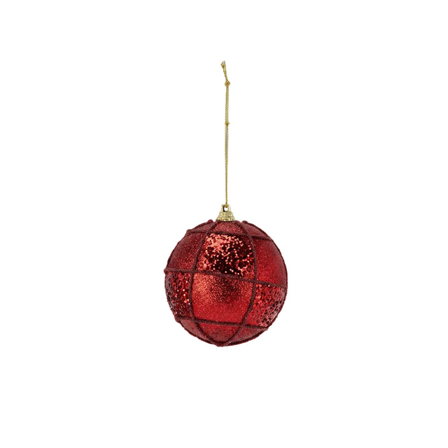Christmas bauble with lines and glitter - Polystyrene 8cm - Red